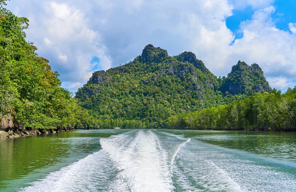 boat travel on river with exciting view rock overgrown green trees RWG